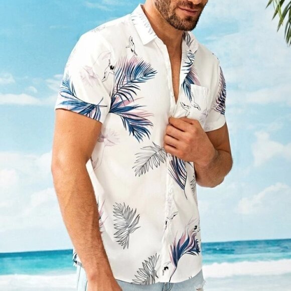 White Vacation Style Men's Hawaiian Print Shirt - Picture 4 of 5